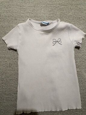 Mayoral white Ribbed Short Sleeve Top with Rhinestone Bow